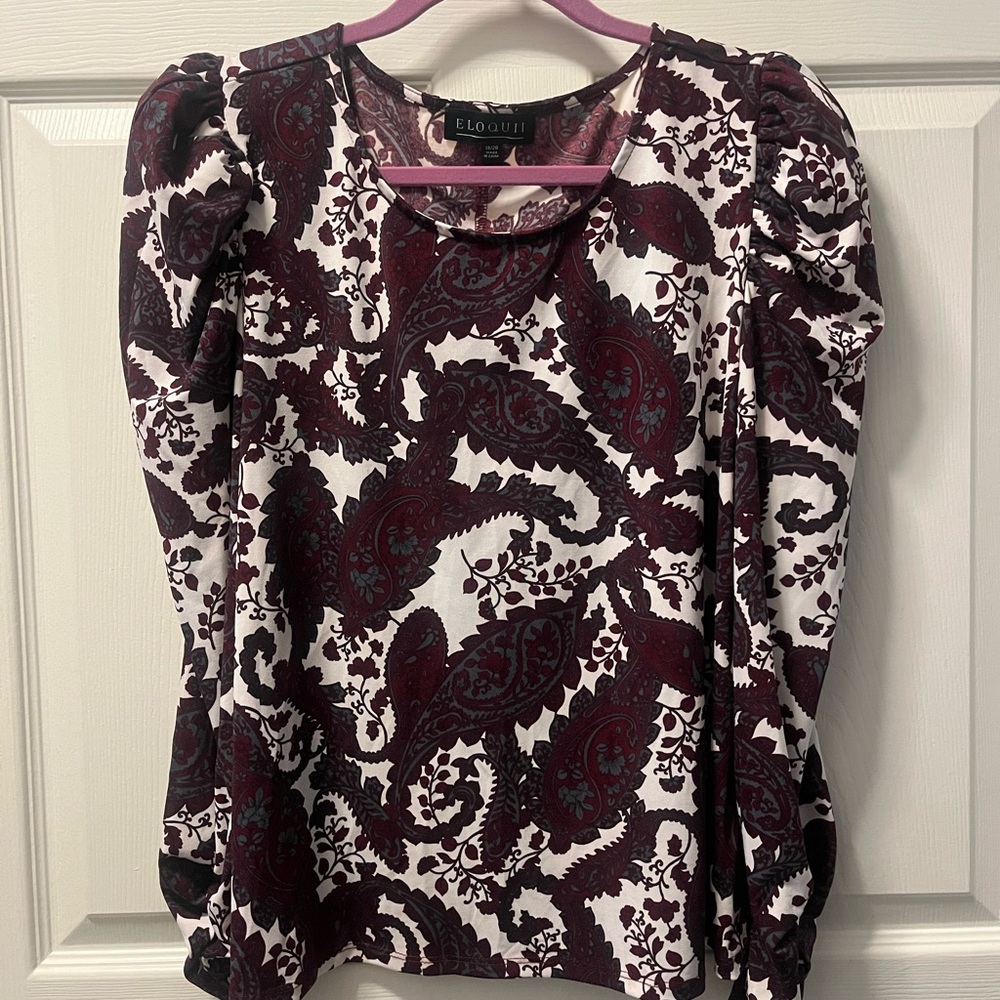 Eloquii Plus Size Burgundy‎ and White Paisley Blouse